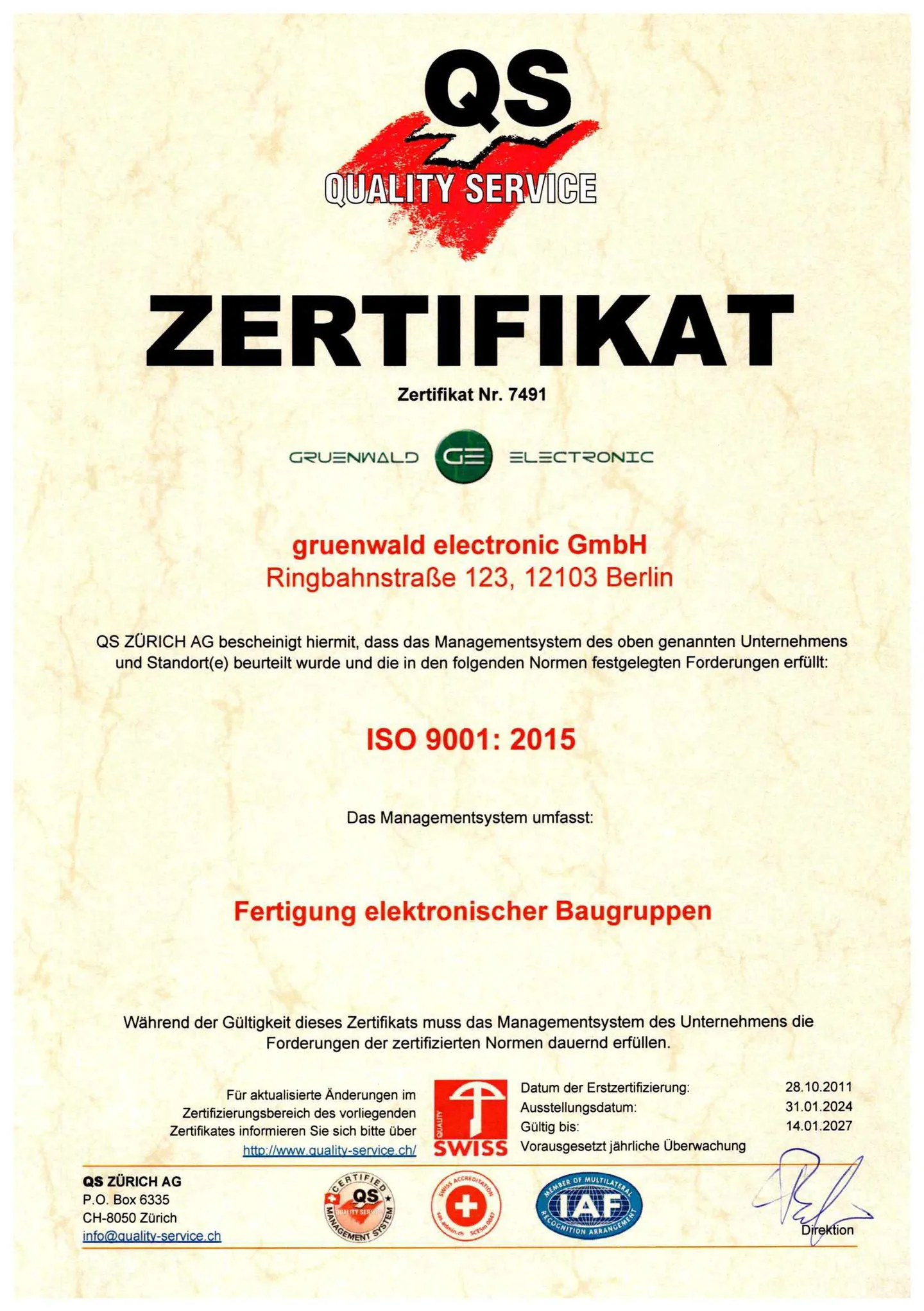 ISO 9001 Zertifikat der gruenwald electronic GmbH